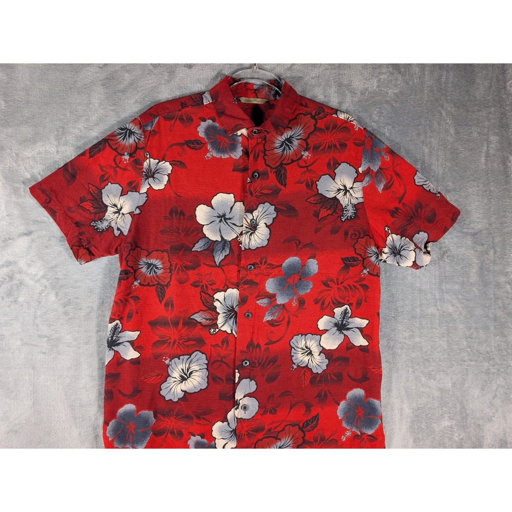 Paradise Collection Mens Medium M Red Silk Hibiscus‎ Floral Hawaiian Aloha Shirt